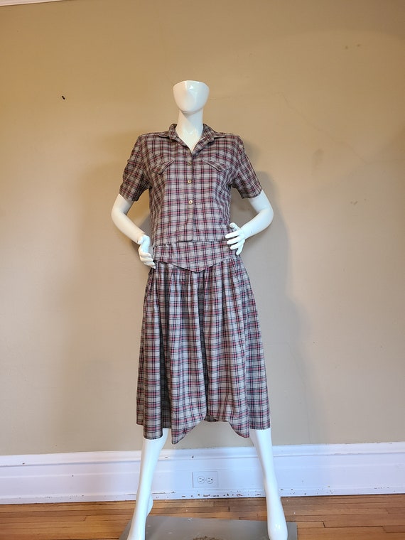Late 70s 2 piece dress, khaki plaid two piece, top