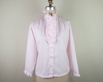 NWT 80s blouse, Victorian style, light pink, new with tags, size 13/14, jabot collar, high neck, ruffled collar, neck tie