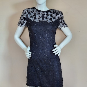 80s beaded mini dress, short sleeved, Black silk, beads and silver sequin sleeves, size PS, 34