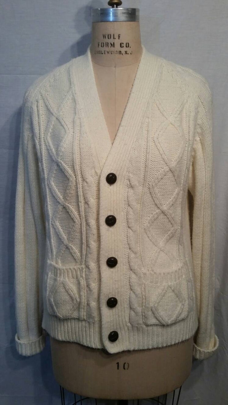 Vintage 70s 80s cardigan sweater 42 large Montgomery Ward cream fisherman sweater Sale