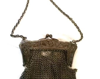 Antique Art Nouveau German silver mesh purse 5"