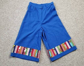 70s culottes, royal blue hippie pants capris size 13, patchwork hem