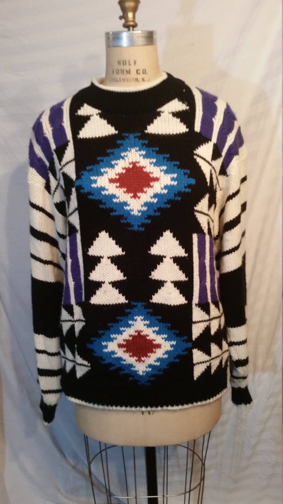 Vintage Aztec sweater, 80s 90s, acrylic large mens - image 1