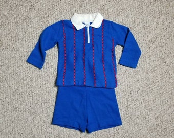 Boys vintage toddler outfit,  royal blue, top and pants