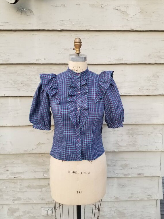 Vintage prairie blouse, 70s 80s, plaid, short slee