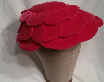 Vintage silk velvet hat, hot pink, strap, fascinator,  handmade, NY, petals,  flower