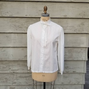 70s blouse, white polka dot, 16, bow, Victorian style