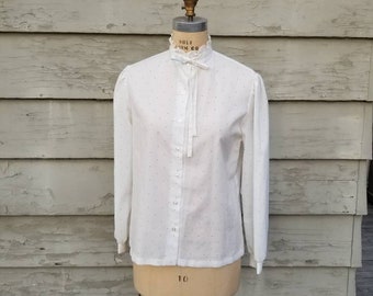 70s blouse, white polka dot, 16, bow, Victorian style