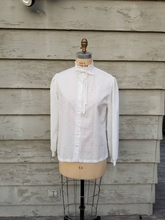 70s blouse, white polka dot, 16, bow, Victorian s… - image 1
