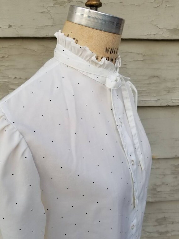 70s blouse, white polka dot, 16, bow, Victorian s… - image 2