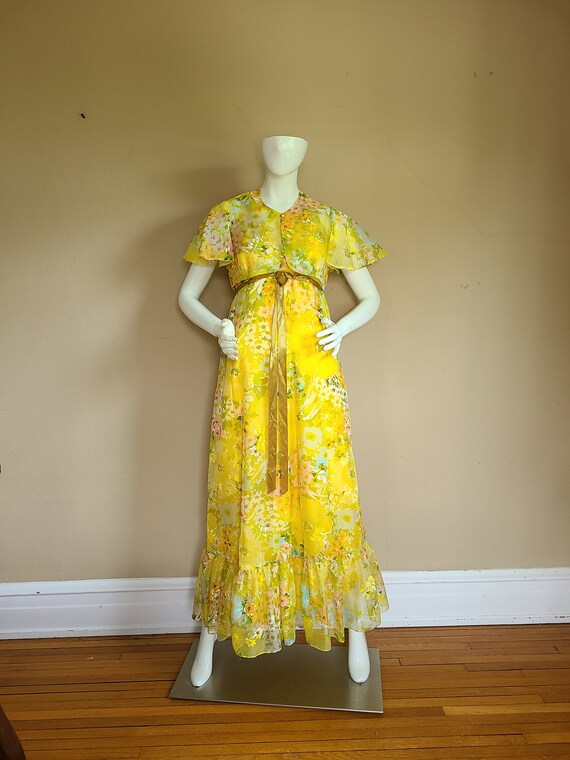 60s dress, floral maxi gown with bolero, sleevele… - image 2
