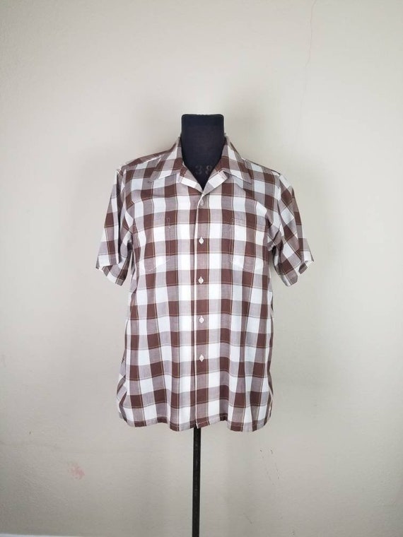 50s shirt, mens large, brown plaid, cotton poly, J