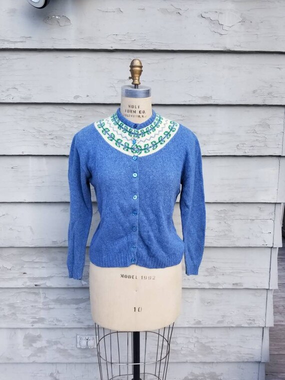 40s cardigan, blue heathered wool, 42