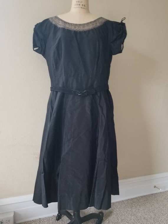 50s-60s XL dress, silk satin, black beaded, 44x40x