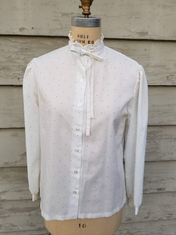 70s blouse, white polka dot, 16, bow, Victorian s… - image 3