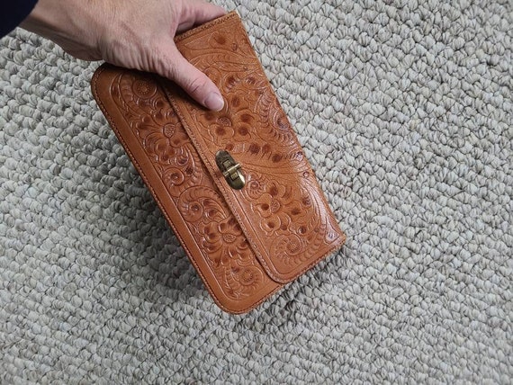 60s clutch, hand tooled leather, boho purse - image 2