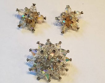 Vintage clip on earrings and pin set, crystal and rhinestones