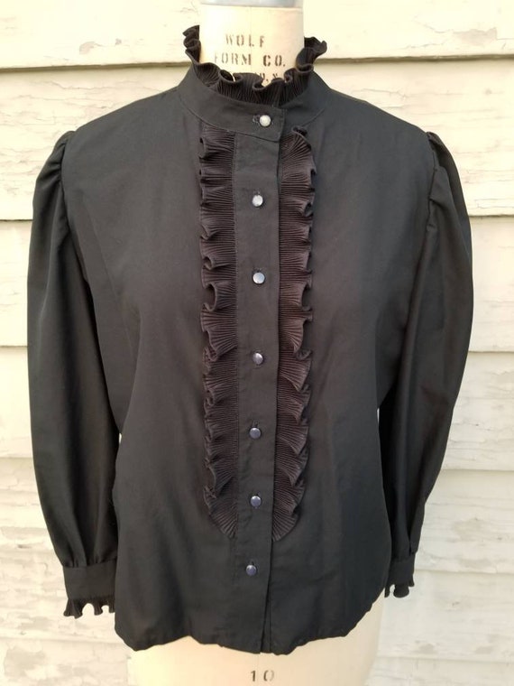 70s 80s black blouse, high necked, Victorian coll… - image 2