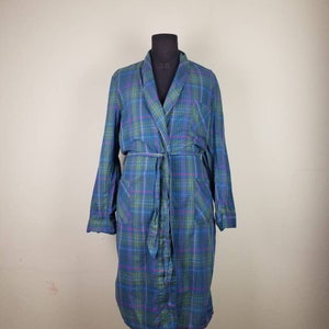 50s robe, mens plaid bathrobe, bath robe, blue plaid, large 42 44