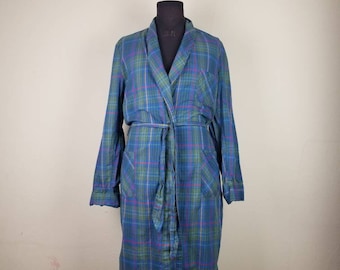 50s robe, mens plaid bathrobe, bath robe, blue plaid, large 42 44