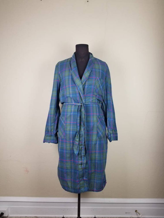 50s robe, mens plaid bathrobe, bath robe, blue pla
