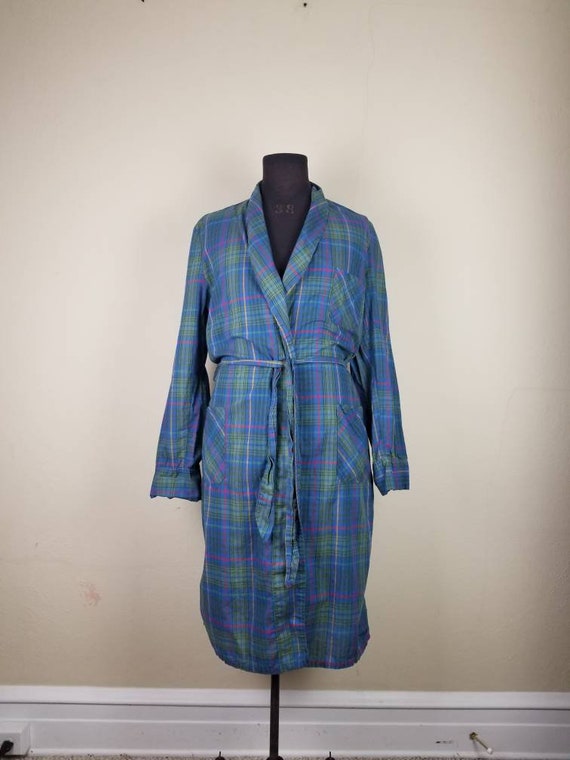 50s robe, mens plaid bathrobe, bath robe, blue pl… - image 1