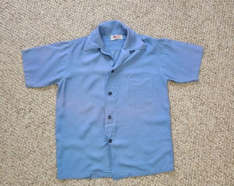 40s 50s shirt, boys 12, Rob Roy, medium blue, short sleeved, button up, casual or play shirt