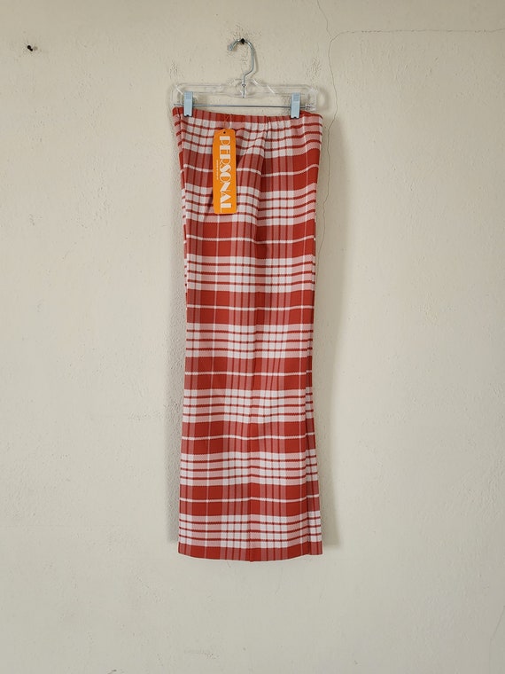 70s deadstock pants, size 10, polyester double knit,  Personal, orange and white plaid, 28x27