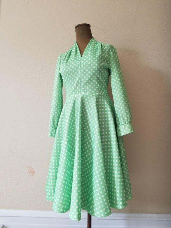 50s polkadot vintage dress, handmade, light green… - image 1