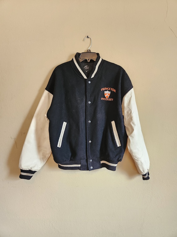 PRINCETON Varsity Jacket, Large, Black Wool and White Leather 