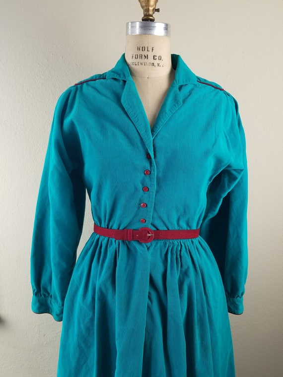 70s teal corduroy dress size 8, Kate Kathryn Cono… - image 1