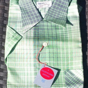 40s deadstock new vintage teen boys green plaid shirt, 18, tags, short sleeved