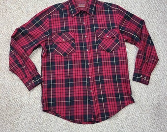 50s 60s mens plaid shirt, rugged heavyweight wool and acrylic, red black plaid, medium