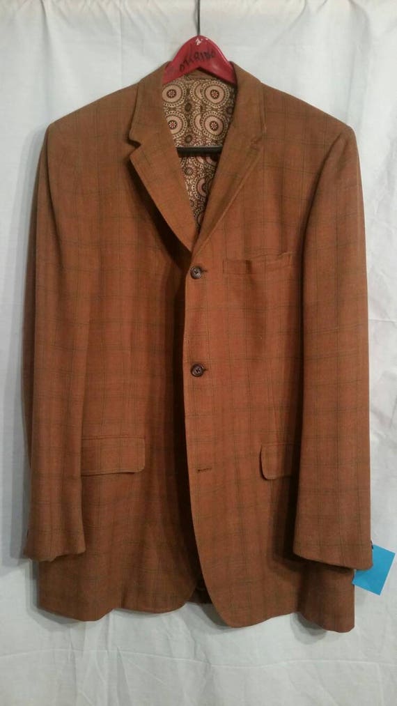 Vintage 70s linen 3 button blazer, rust plaid,  s… - image 1