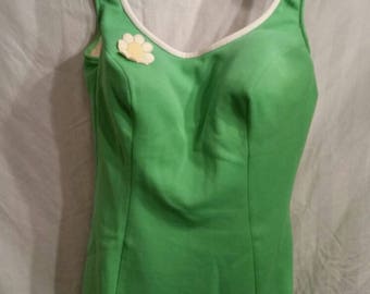 Vintage 60s bathing suit, Catalina, size 16, bright green daisies, swimsuit, swim suit