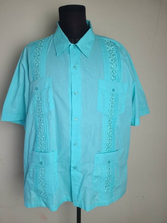 Guayabera shirt, vintage mens, aqua XL, resort we… - image 2