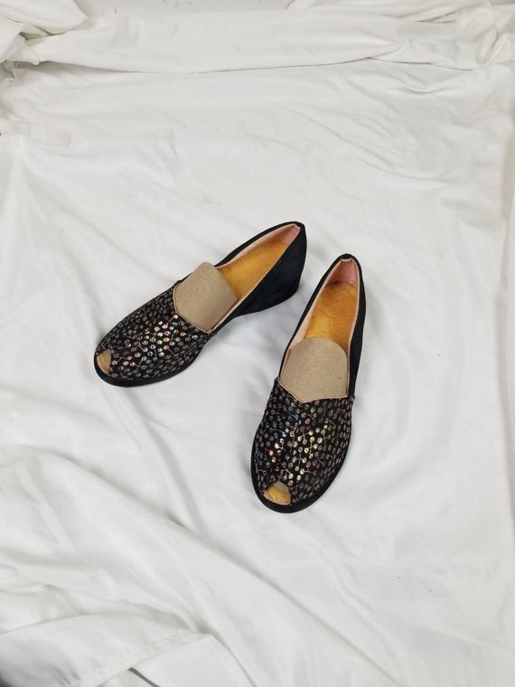 7 Slippers Mules House Shoes Black Satin Open Toe Etsy