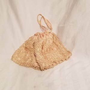 Vintage pink purse, crocheted pink, drawstring,  handmade