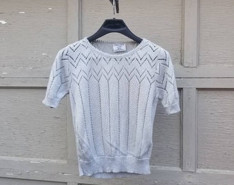 Vintage sweater, Vintage top, short sleeved, College Point, light grey gray, 36