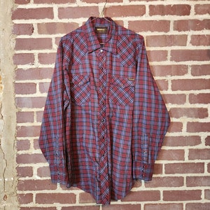 60s 70s mens western style shirt, pearl snaps, Roebucks, 17x35, Xlarge, burgundy blue plaid, western style