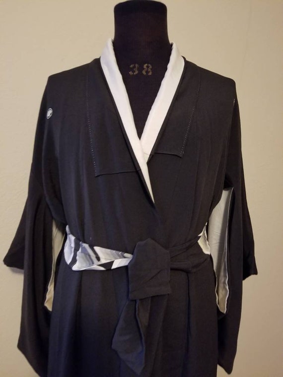 Vintage kimono, long, black with belt, 48 - image 1