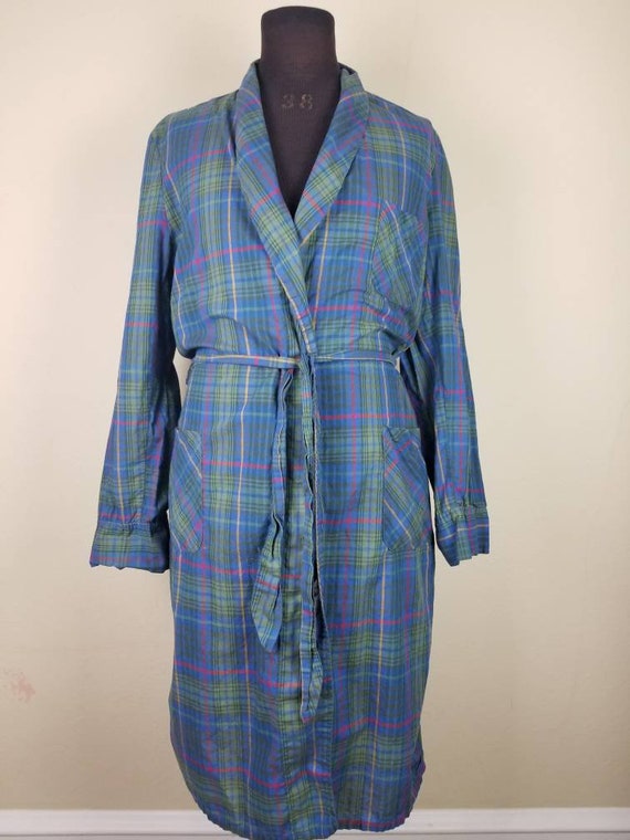 50s robe, mens plaid bathrobe, bath robe, blue pl… - image 2