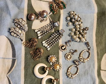 Clip on earrings lot, vintage, vintage clip ons, 9 pairs and 2 pins,  lot of vintage earrings, some missing parts, as is, sterling,