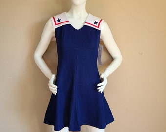 60s dress, sailor dress, sleeveless, short knit dress, navy blue, small, teen