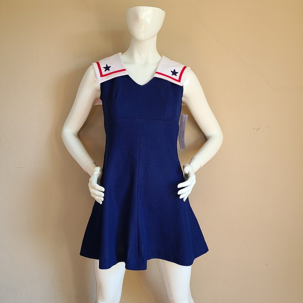 60s dress, sailor dress, sleeveless, short knit dress, navy blue, small, teen
