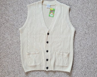 Vintage mens sweater vest, beige with pockets, button up vest, 48 chest