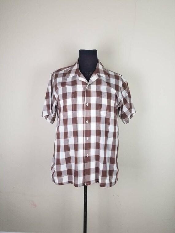 50s shirt, mens large, brown plaid, cotton poly, J