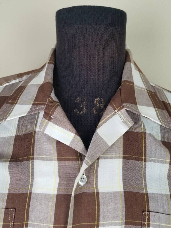 50s shirt, mens large, brown plaid, cotton poly, … - image 3