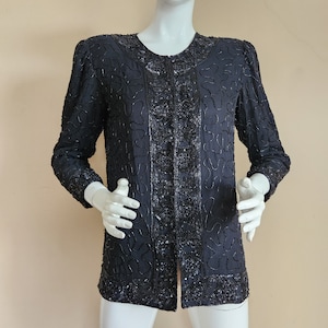 80s beaded jacket, long sleeved, Black silk, beads and sequins, size medium, 40