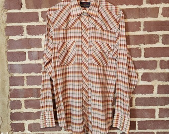 60s 70s mens western style shirt, pearl snaps, 15x34, medium, brown orange plaid, western style, Country Touch